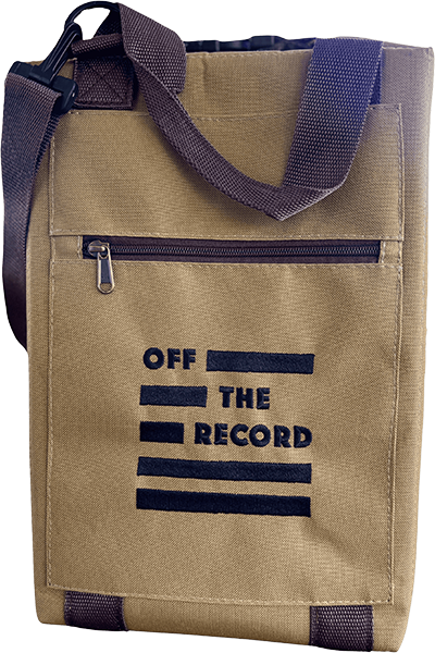 Tote bag with OFF THE RECORD logo, ideal for wine accessories and casual outings.